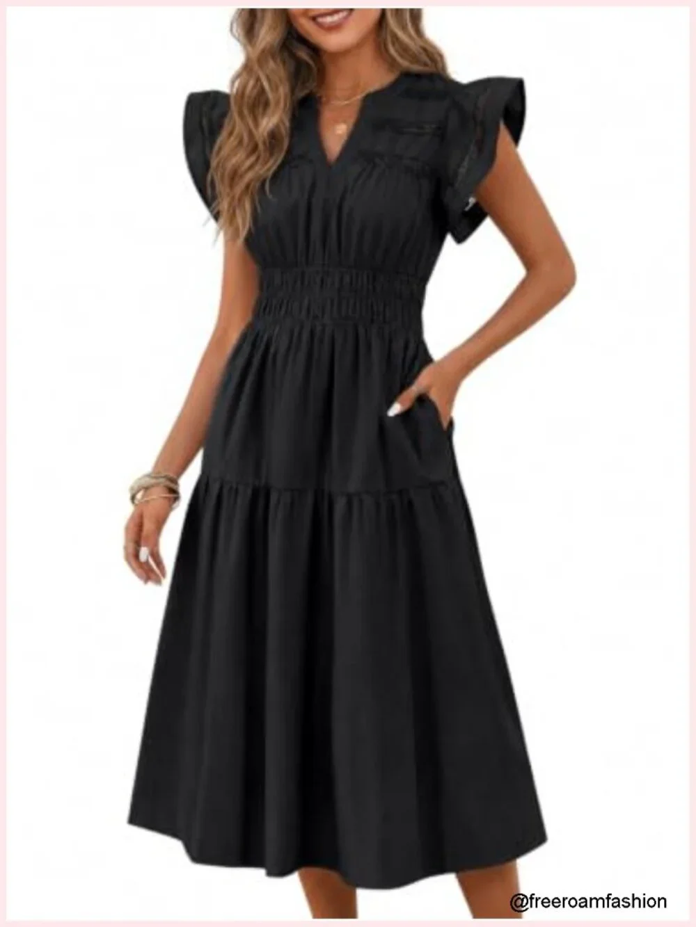 V Neck Ruffle Cap Sleeve Empire Waist Flowy Midi Dress with Pockets